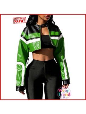 Faux Leather Cropped Moto Bomber Jacket Zip Up Streetwear